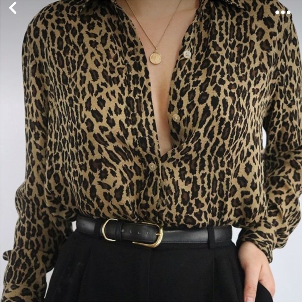 Lauren Ralph 100% Silk Leopard Print Button Down Shirt - Brown and Black